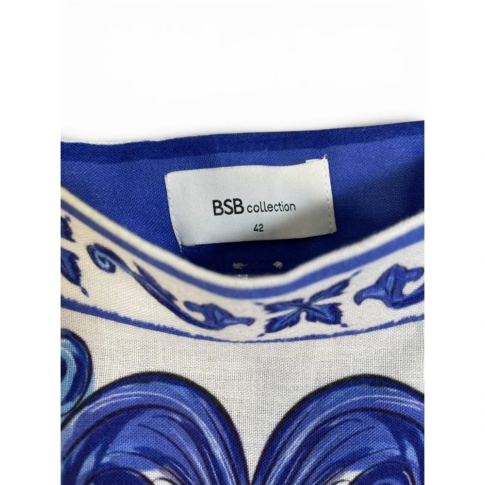 BSB Collection Blue White Majolica Print Tiered Ruffle Maxi Skirt Womens 42 US 6